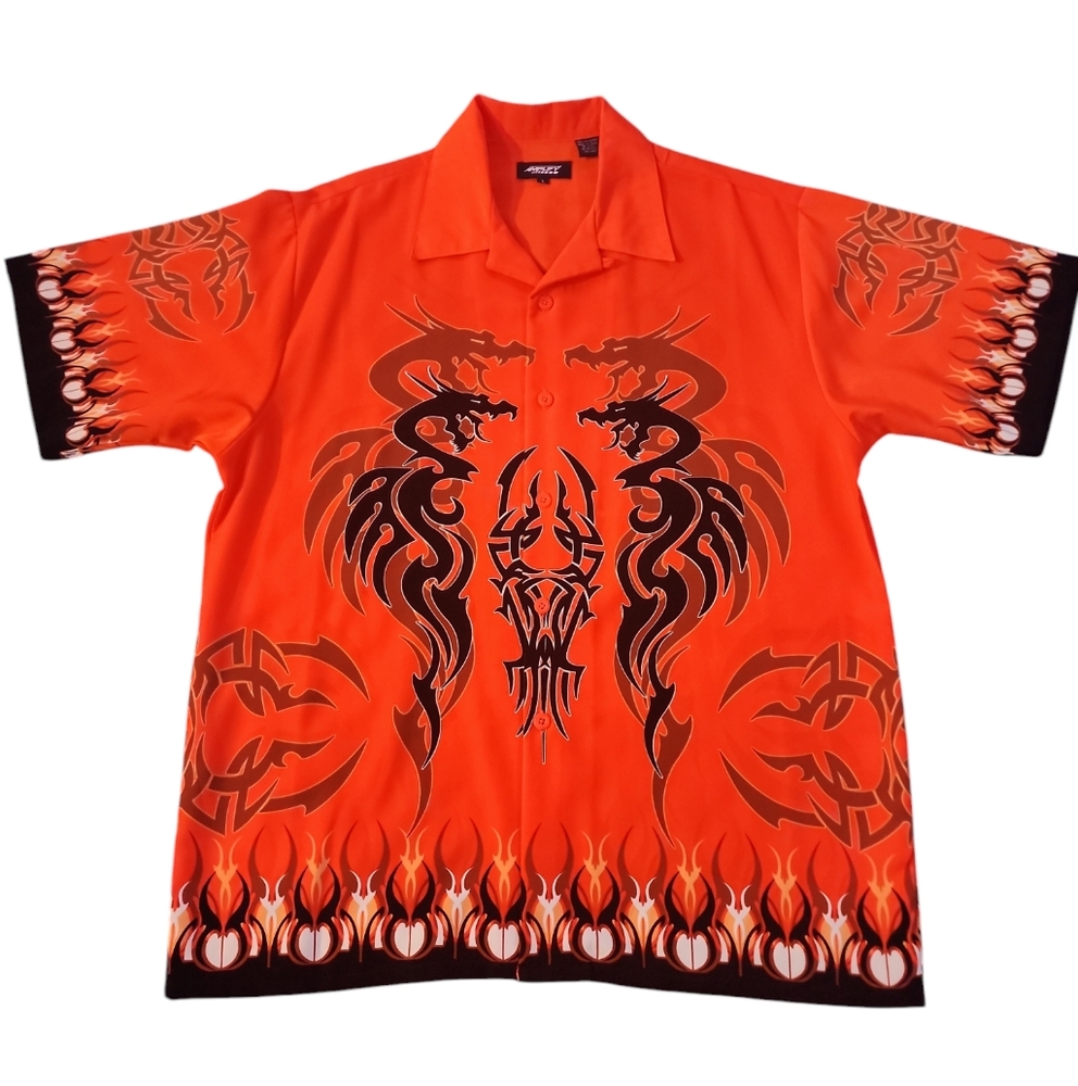 VTG Y2K AOP‎ Dragon Flame Baggy Short Sleeve Button Up Shirt Men’s Size: Large